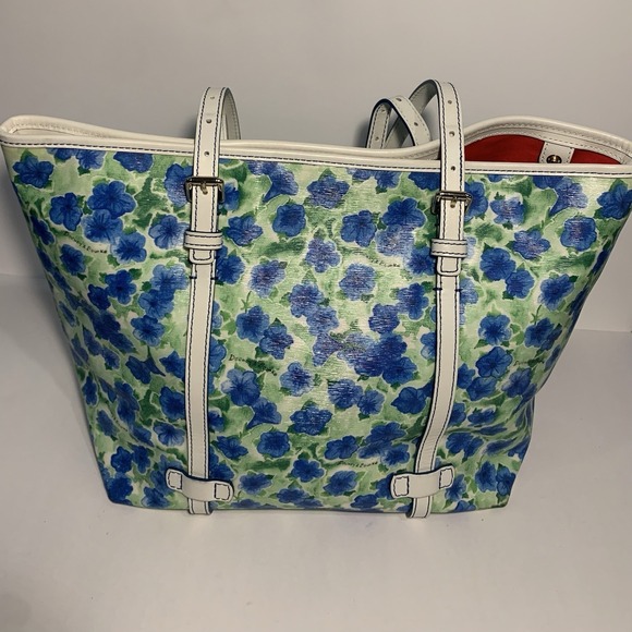 Dooney & Bourke Blue Floral Coated Canvas Tote Shoulder Bag White Trim - Picture 3 of 14